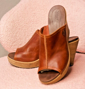 Timberland Womens EK Danforth Mule Brown Leather Open Toe Heels Size 8.5